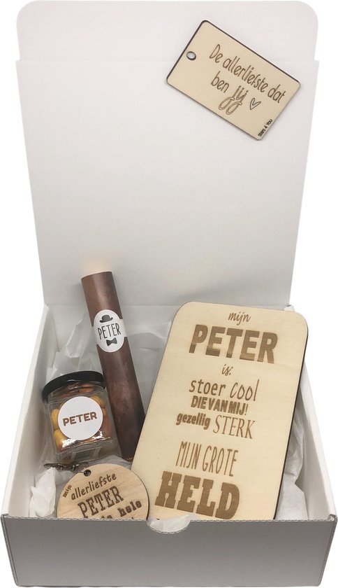 Geschenkbox liefste PETER | oker | HELD | liefste peter | peter vragen | peter worden | peetoom vragen | peettante worden | cadeau | geschenkdoos | giftbox | ellerliefste peter