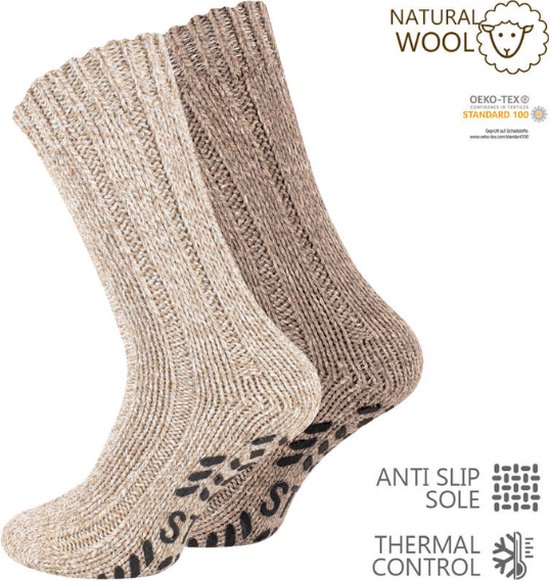 2 paar Noorse wollen sokken met antislip - Beige/Bruin 39-42