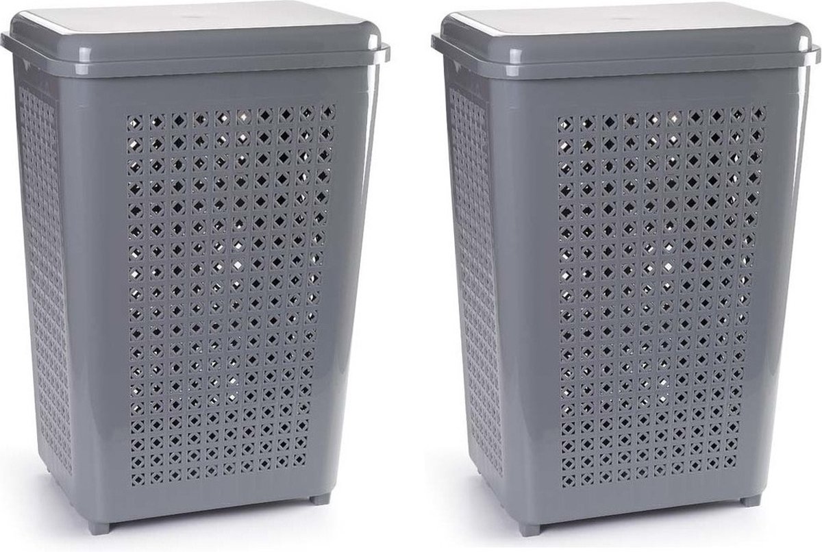 Goedkoopste Wasmand met deksel - 2x stuks - 50 liter - grijs - kunststof - 41 x 31 x 61 cm - grote wasmanden
