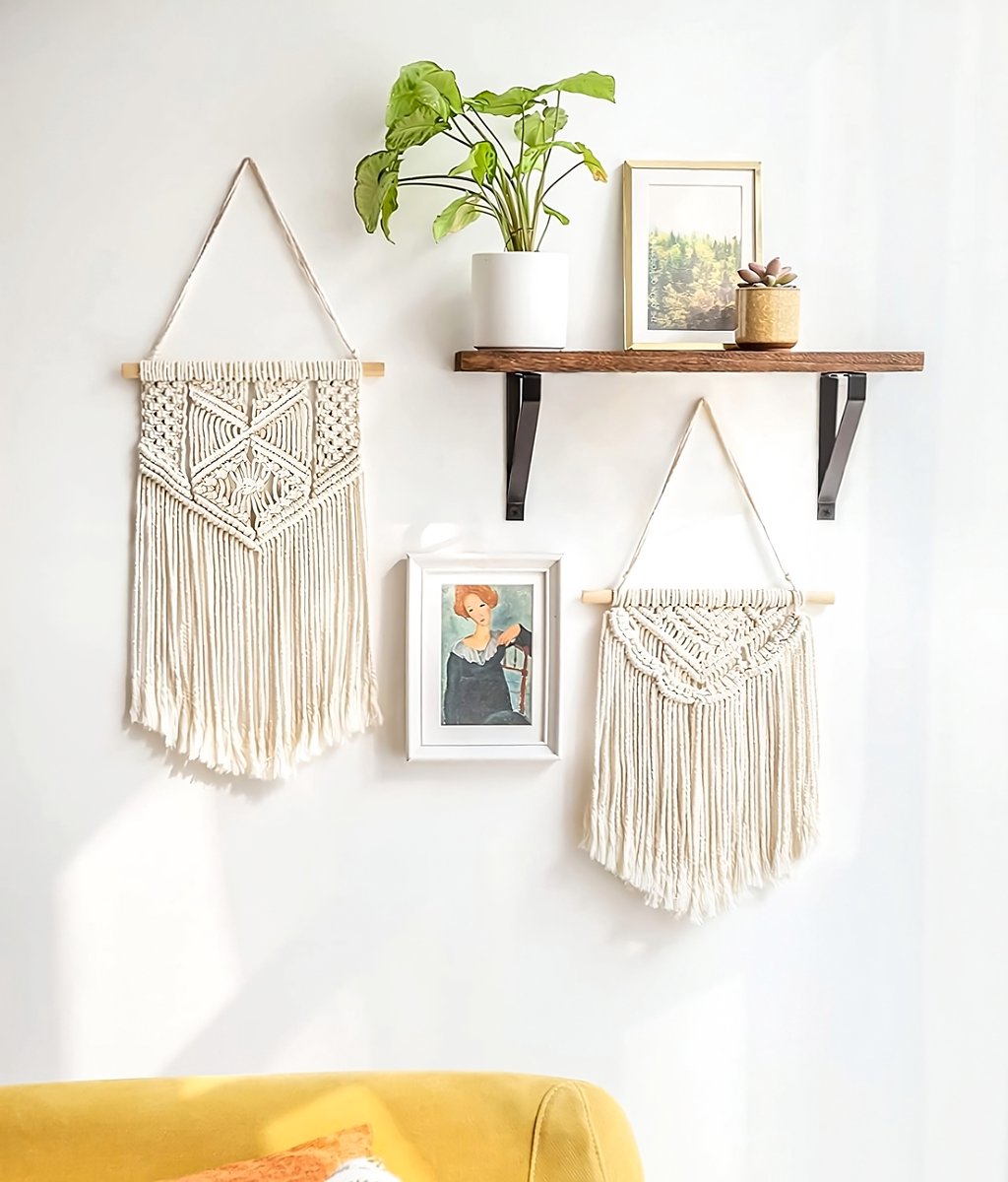 Macramé: Wandkleed met veer aan stok | Karin's Deco Atelier