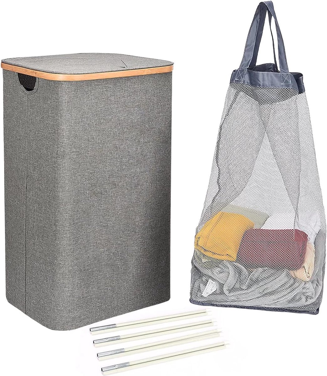 Goedkoopste Wasmand met deksel 100L, verbeterde wasmand met afneembare deksel waszakken, wasmand met deksel en bamboe handvat, wasmanden met grote capaciteit grijs