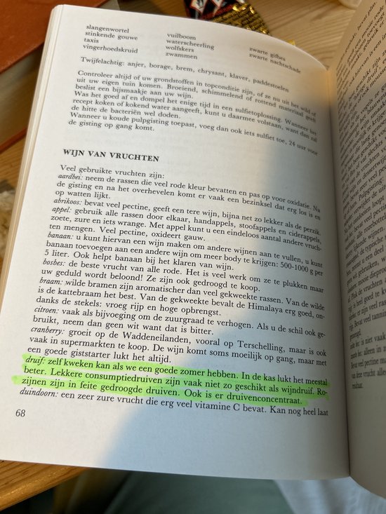 Een open boek met veel tekst in het Nederlands. Links staan enkele recepten voor wijn. Midden staat de titel 'WIJN VAN VRUCHTEN'.