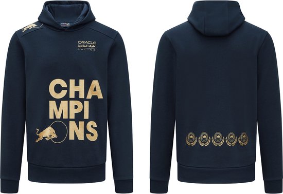 Set van donkerblauwe capuchontrui, voorkant met "CHAMPIONS" tekst en Red Bull logo, achterkant met vijf gouden laureatenkransen.