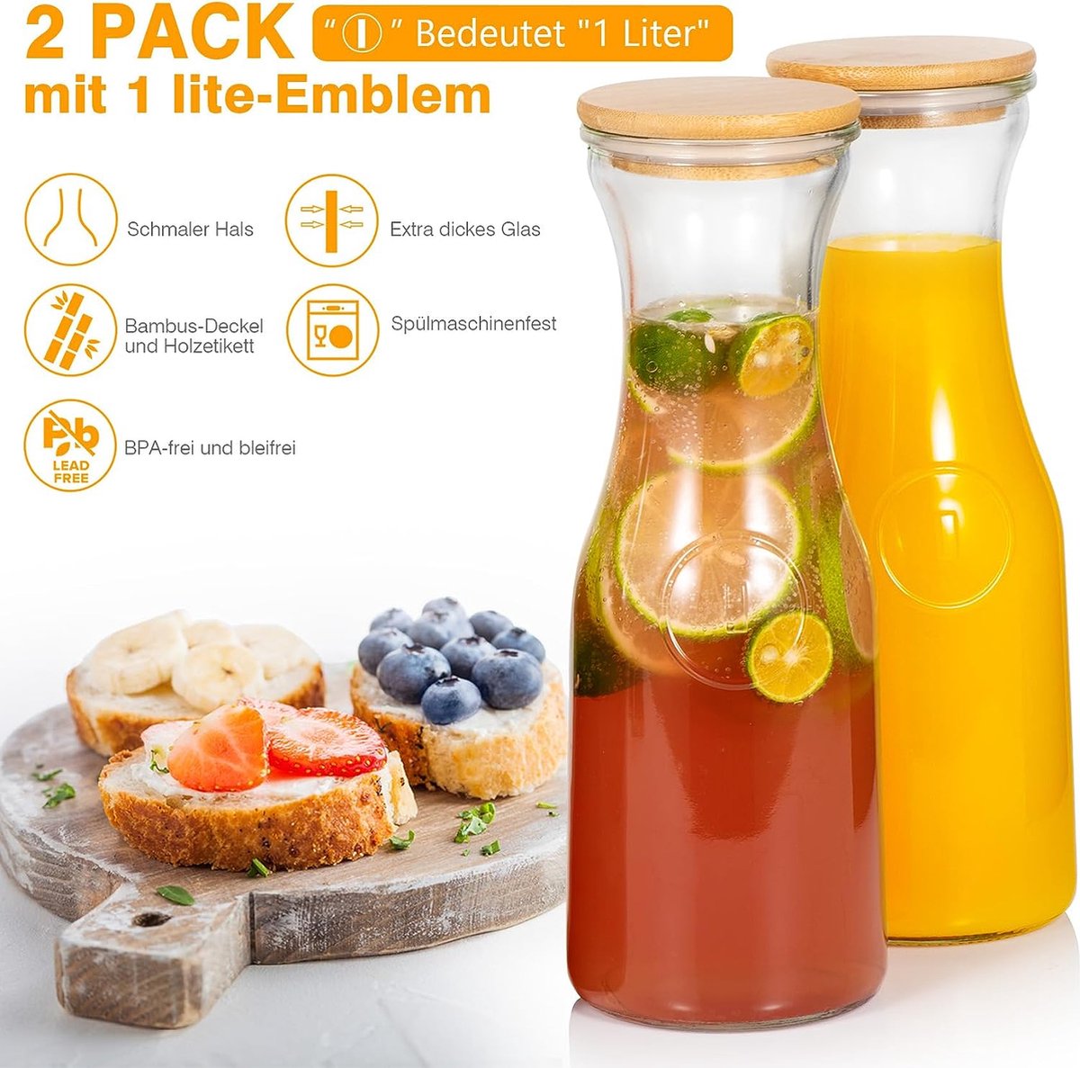 Lot De 2 Carafes Plastique 1.5L Avec Couvercle - Pour Jus, Eau, Thé Froid - Design Gain De Place