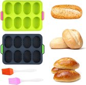 Baguettevorm, 2 stuks broodjes, bakplaat, baguettevorm, siliconen, broodschaal, 34,5 x 23,8 x 2,5 cm, broodbakvorm, mini-baguetteplaat, broodbakvorm, geperforeerd, siliconen vorm, brood, baguettevorm met borstels voor muffins