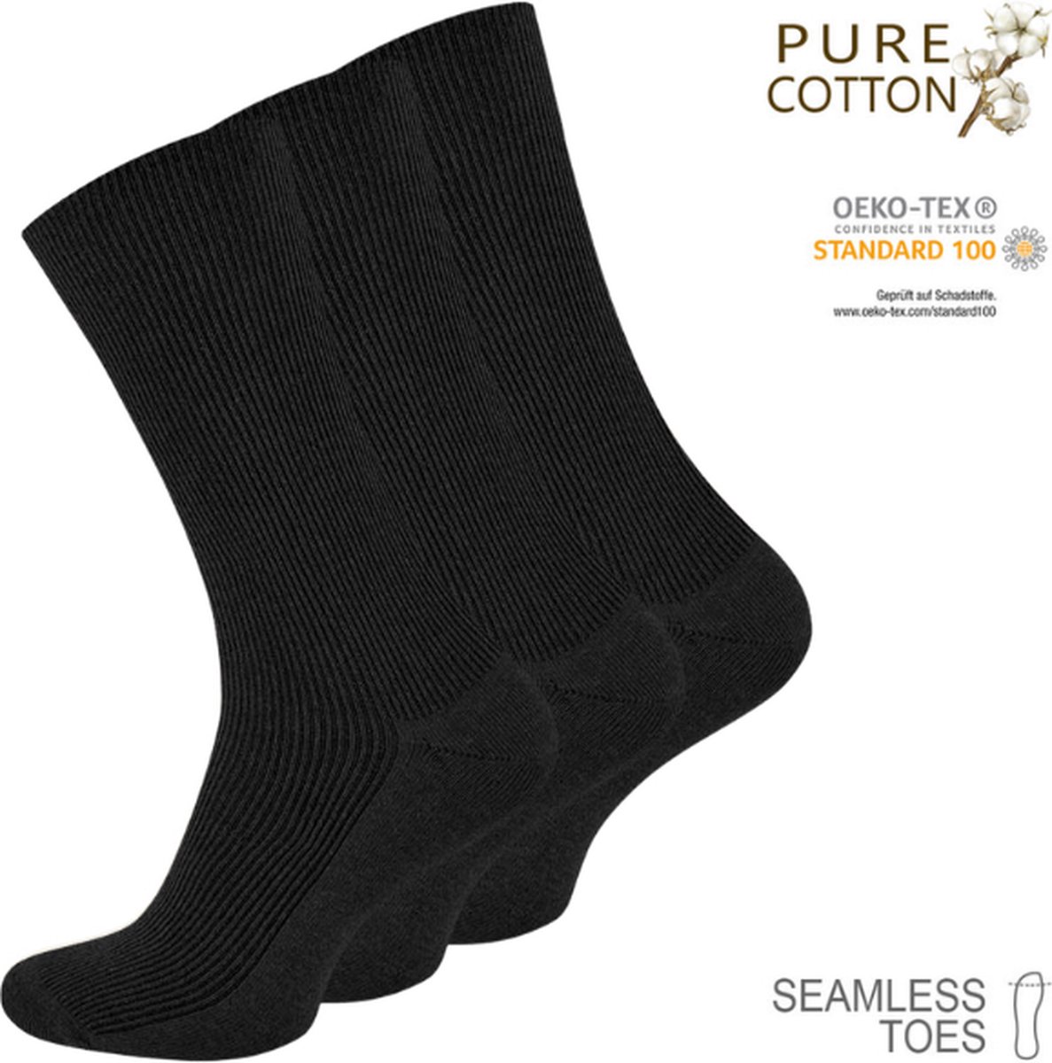 Premium 100% katoenen sokken - Rib - Naadloos - 3 Pack - Zwart - Maat 39-42