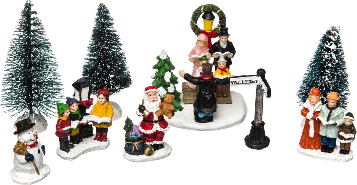 Feeric Kerstdorp accessoires - miniatuur - boompjes - figuurtjes - polyresin
