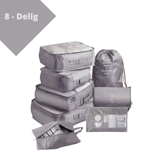 Goodston - Packing cubes - 8 delig - Grijs - verschillende maten tassen - cadeau - packing cubes set - packing cubes backpack - compression cube - packing cubes compression