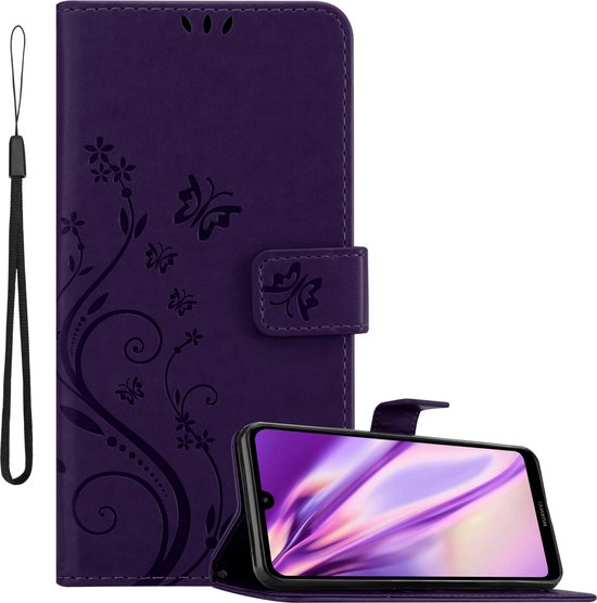 Coque Cadorabo pour Huawei Y7 2019 / Y7 PRIME 2019 en FLORAL DARK VIOLET - Housse de protection à motif floral avec fermeture magnétique, fonction support et fentes pour cartes Book Case Cover Etui