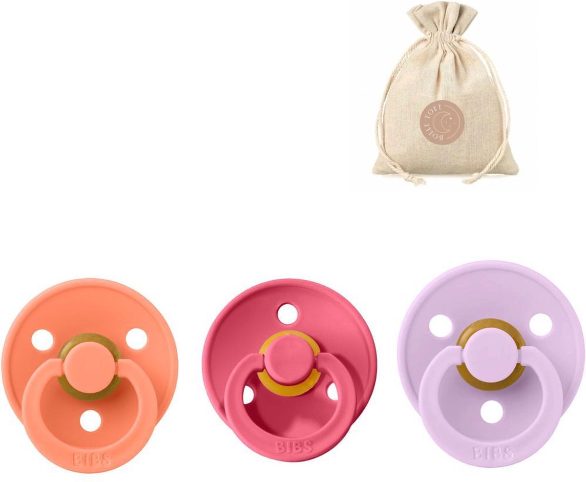 Goedkoopste BIBS spenen T1 met speenzakje - Papaya, Coral en Violet sky - 0 tot 6 maanden