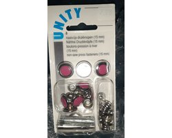 Unity sierdukknopen 15 mm - drukknopen inslag - 8x drukknoop rvs roze zilveren rand - met inslag tool - drukkers met gereedschap - naaivrije drukknopen pink