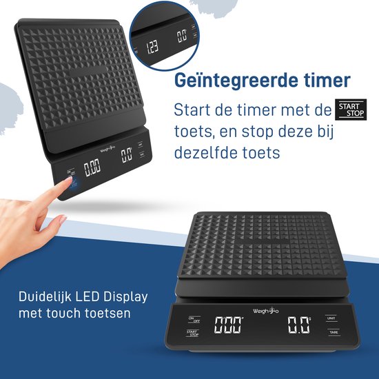 Hand activeert touch bediening van een zwarte digitale weegschaal met LED display en timer functie.