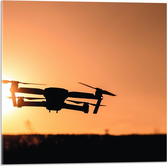 Acrylglas - Silhouet van Laagvliegende Drone bij Zonsondergang - 50x50 cm Foto op Acrylglas (Wanddecoratie op Acrylaat)