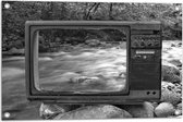 Tuinposter – Oude Vintage Televisie met Doorkijk op Rivier (Zwart-wit) - 75x50 cm Foto op Tuinposter (wanddecoratie voor buiten en binnen)