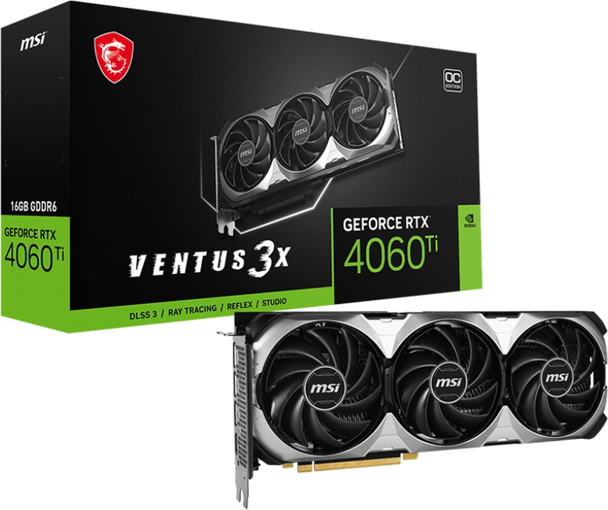 MSI - Nvidia GeForce RTX 4060 Ti Ventus 3X 16G OC - Videokaart - 16GB - GDDR6 - PCIe 4.0 - 1x HDMI 2.1 - 3x DisplayPort 1.4 op Prijzenvolger.com