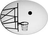 Dibond Ovaal - Bal Vallend in Basket (Zwart-wit) - 28x21 cm Foto op Ovaal (Met Ophangsysteem)