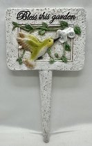Polyresin deco tuinsteker met dierfiguur "bless this garden" - groene vogel - Hoogte 19 x 12 x 1 cm - Woonaccessoires - Woondecoratie - Tuinaccessoires - Tuindecoratie