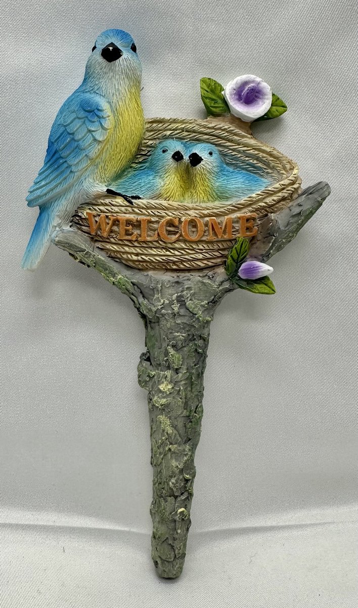 Polyresin deco steker met dierfiguur "welcome" - blauwe vogels - Hoogte 19 x 12 x 1 cm - Woonaccessoires - Woondecoratie - Tuinaccessoires - Tuindecoratie
