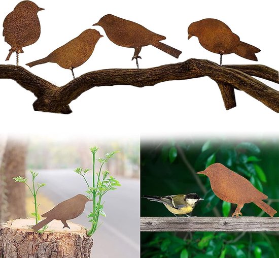 Bouchon de jardin décoration rouille, 4 pièces, patine oiseaux, métal,  décoration