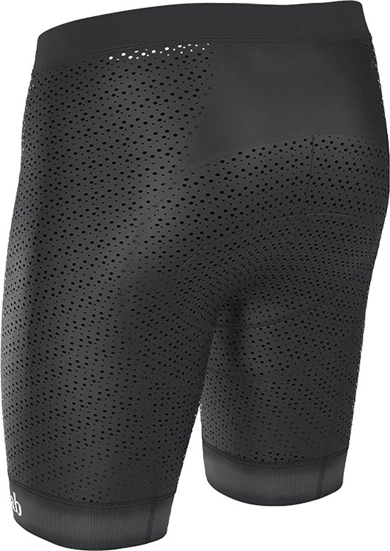 Vue latérale d'un cuissard de vélo noir avec perforations et logo SQ-lab sur l'ourlet.