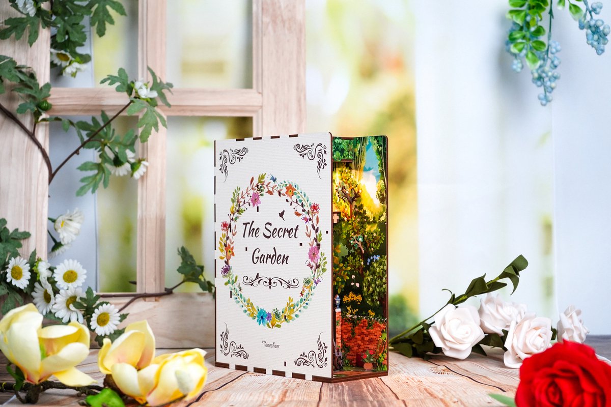 Tonecheer The Secret Garden Book Nook Bouwpakket - Modelbouw - 18,2 x 8 x 24,5 cm - Houten 3D Puzzel - Boekensteun - LED-licht - Bewegingssensor Licht - Boekenhouder — afbeelding 18