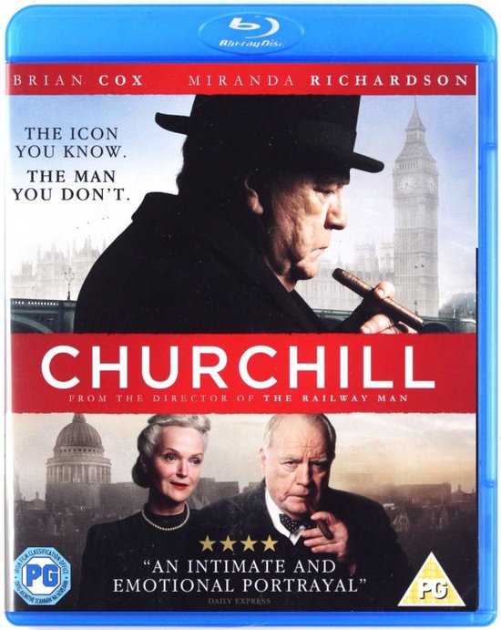 Blu-ray hoes van Churchill met Brian Cox als Churchill met een hoed en sigaar, en Miranda Richardson. Achtergrond met de Houses of Parliament.