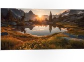 PVC Schuimplaat - Bergen - Bloemen - Planten - Meer - Water - Zonsondergang - 100x50 cm Foto op PVC Schuimplaat (Met Ophangsysteem)