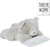 Take Me Home Pluche Beer Liggend Met Kussen 28cm Grijs