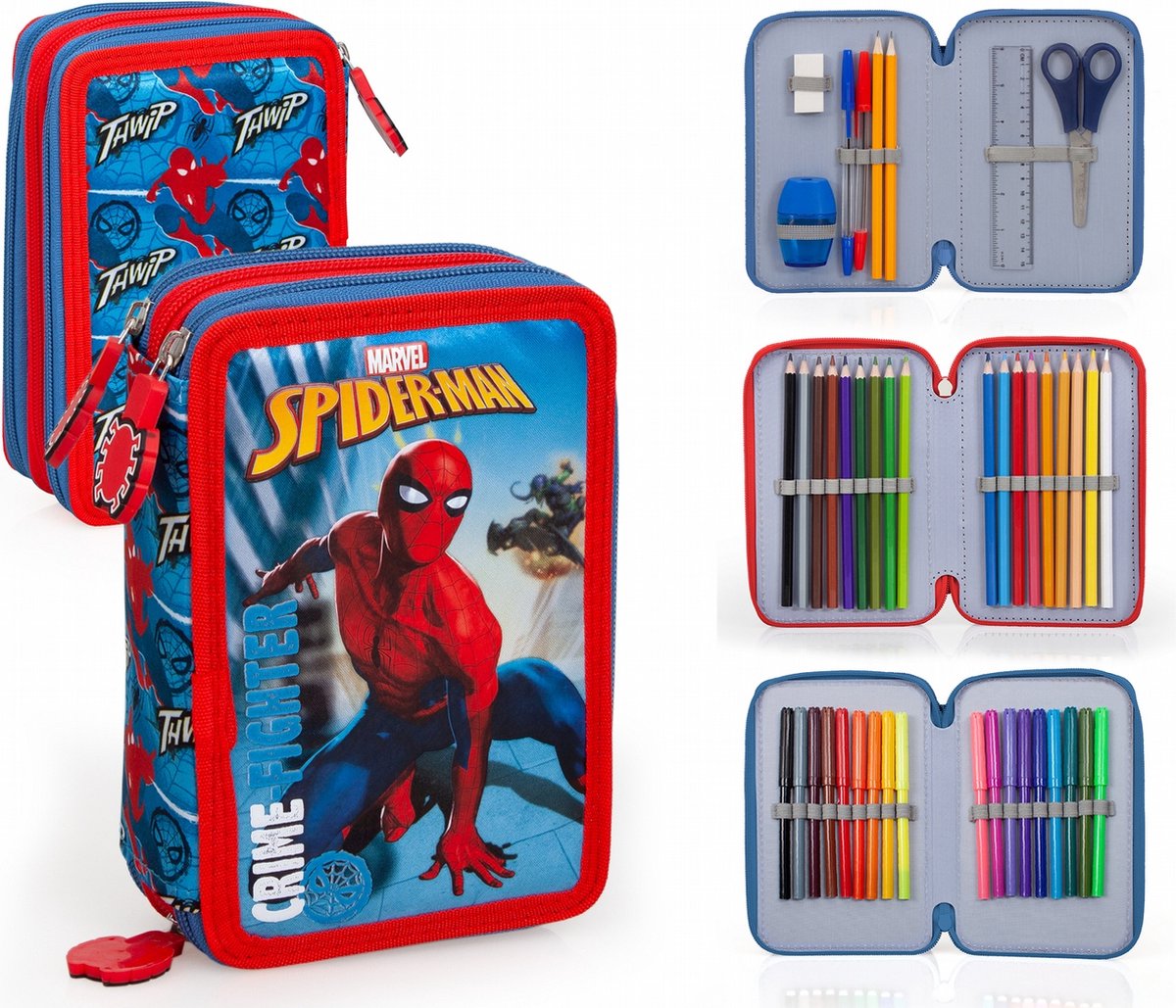 Trousse Scolaire Spider-Man Transparente - Ensemble 5 Pièces (trousse, Règle, Crayon, Taille-crayon, Gomme) - Dimensions 9 X 18 Cm - Cadeau école Garçon