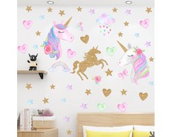 Stickerkamer® | Muursticker Unicorn met hartjes gouden glitter look | Unicorns sterren wolken regenboog Sticker | Kinderkamer | Jongens - meisjes | Verwijderbaar - zelfklevend plakfolie | Huis inrichting