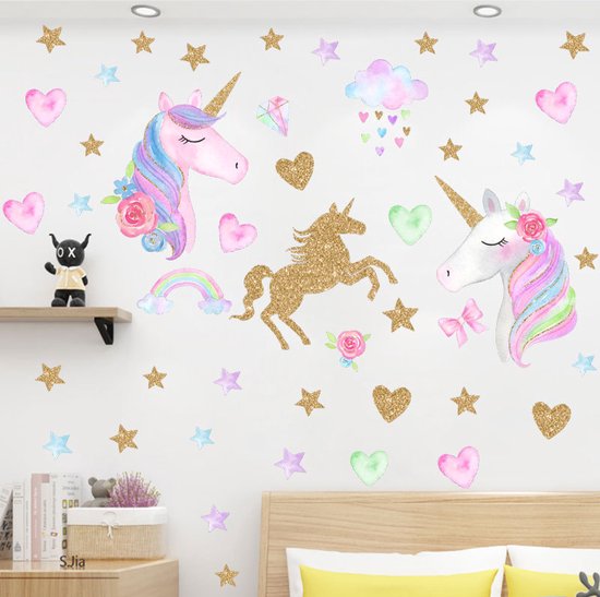 Stickerkamer® | Muursticker Unicorn met hartjes gouden glitter look | Unicorns sterren wolken regenboog Sticker | Kinderkamer | Jongens - meisjes | Verwijderbaar - zelfklevend plakfolie | Huis inrichting