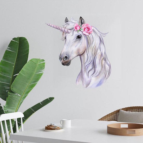 Muursticker Unicorn met bloem | Paard met hoorn| Raamsticker | Kinderkamer | Jongens - meisjes | Verwijderbaar - zelfklevend plakfolie | Huis inrichting | Stickerkamer®
