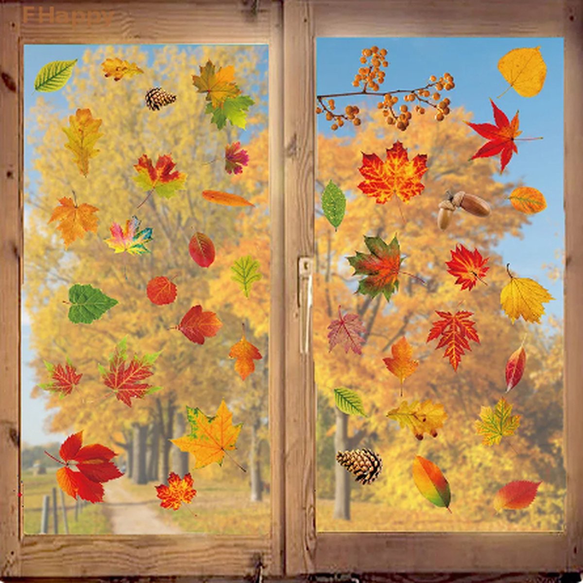 Muursticker Raamstickers Herfst / Autumn - Bladeren - Esdoorn blad - Eikels - Dennenappel - Bessen Tak | Bos Stickers | Raam Decoratie - Winkel - School - Peuterspeelzaal - Huis - Veranda | Herbruikbaar - Waterdicht - Verwijderbaar | DH collection