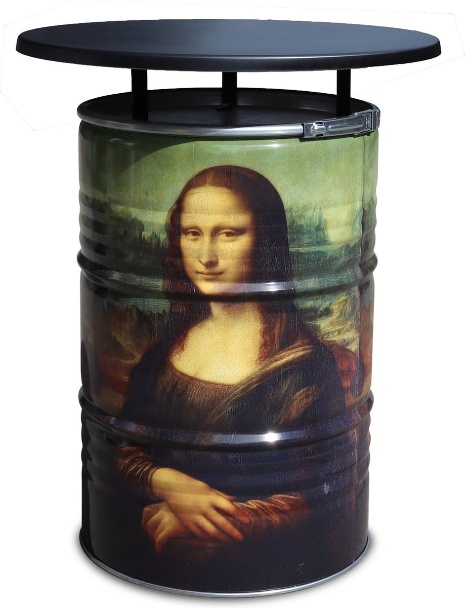 Barrelkings statafel 200l olievat full color bedrukt: Leonardo Da Vinci- Mona Lisa kunst met zwart ronde blad. 80x105 cm Geschikt voor de horeca/tuin/terras/huiskamer- Decoratietafel