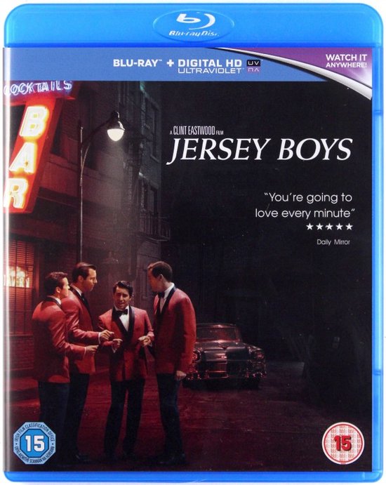 Blu-ray hoes van Jersey Boys met vier mannen in rode colberts, buiten 's nachts.