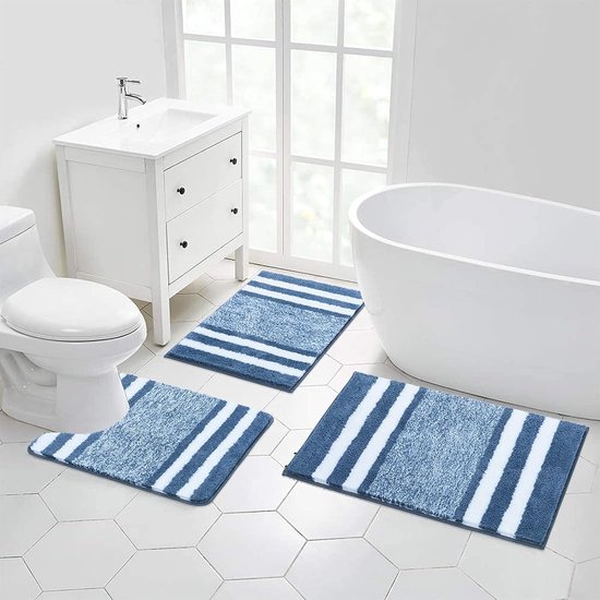 Badmatten en badmattenset 3-delig Zacht microvezel antislip waterabsorberend badkamertapijt Machinewasbare badmat en toiletmat voor douche, bad en toilet, blauw