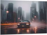 Vlag - Auto - Stad - Gebouwen - Rijden - Lichten - Avond - 100x75 cm Foto op Polyester Vlag