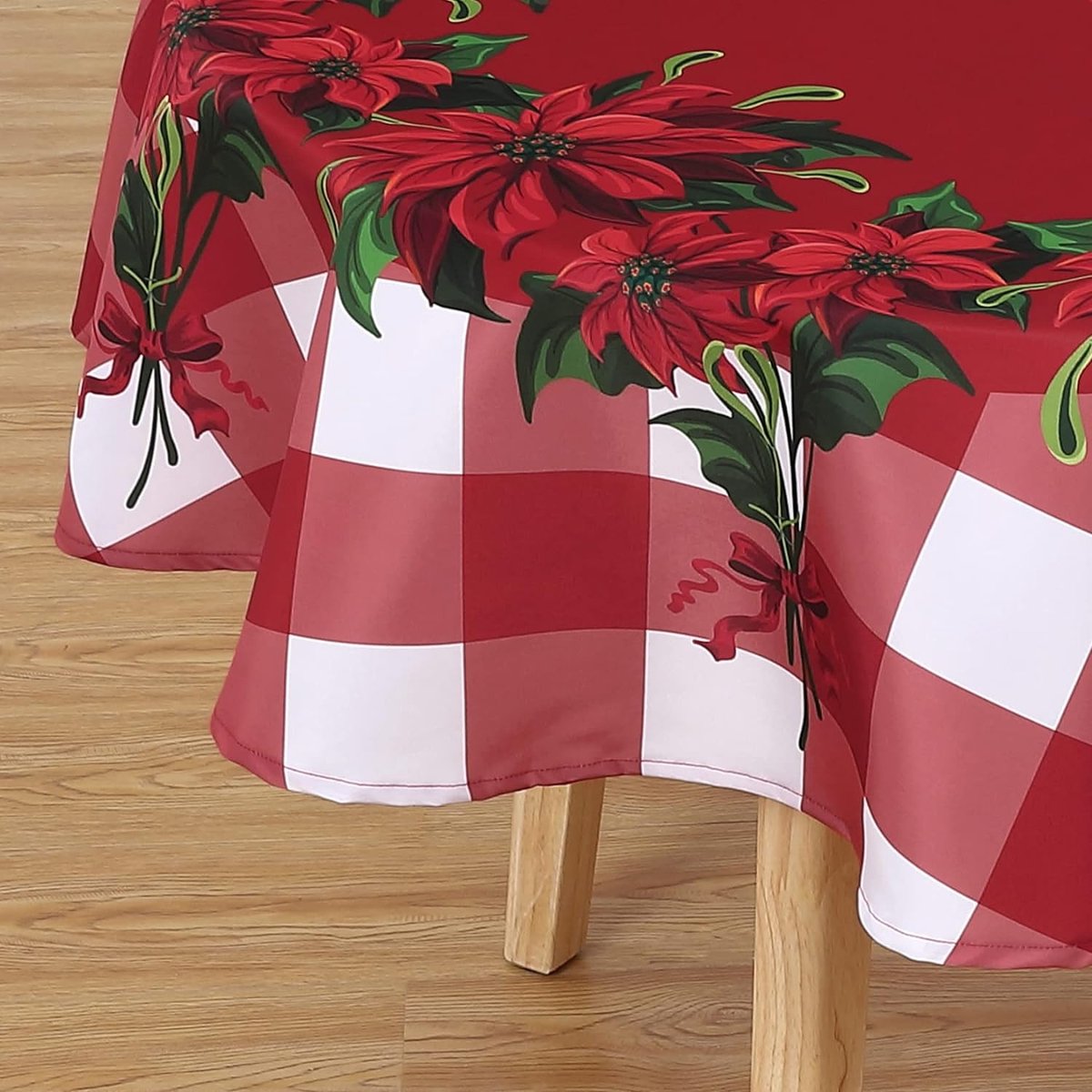Kerst tafelkleed rond tafelkleed met Gingham Xmas bloem patroon, waterdicht polyester veeg schoon tafelkleed voor vakantie keuken picknick, 60 inch diameter, rood
