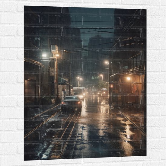 Muursticker - Avond - Regen - Auto - Lichten - 75x100 cm Foto op Muursticker