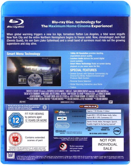Achterkant Blu-ray hoes met film beschrijving, special features, en audio/onder-titels informatie. Met "The Day After Tomorrow" logo.