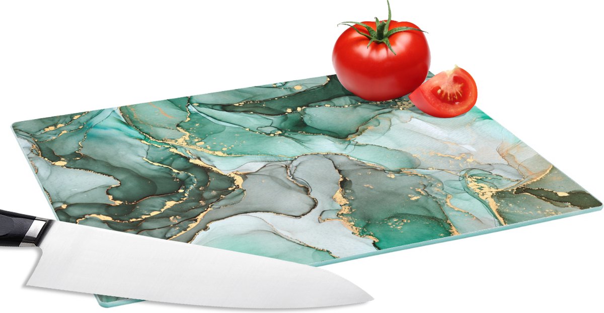 Glazen Snijplank - 28x20 - Goud - Marmer print - Groen - Luxe - Marmerlook - Grijs - Snijplanken Glas