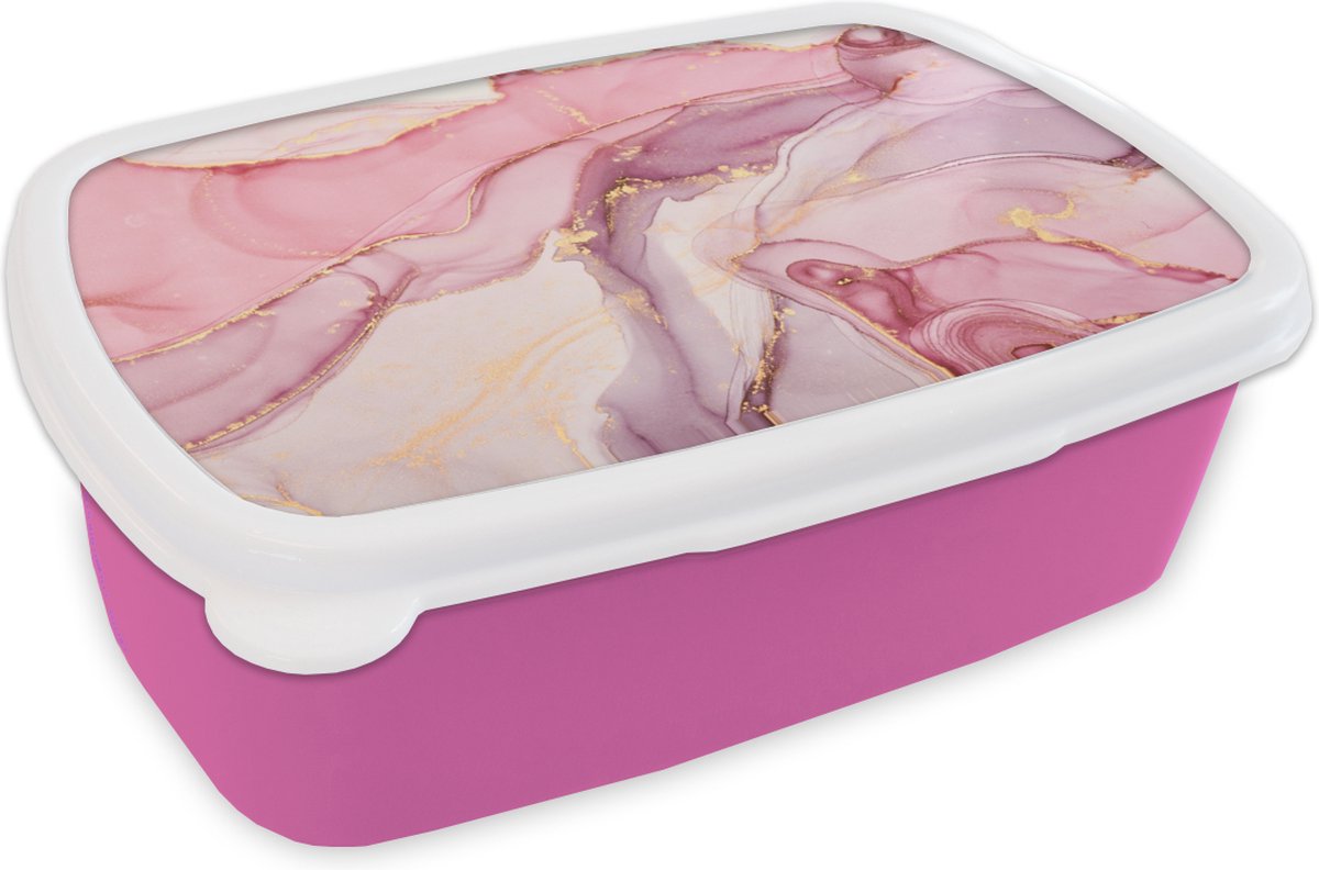 Broodtrommel Roze - Lunchbox - Brooddoos - Goud - Marmer - Roze - 18x12x6 cm - Kinderen - Meisje