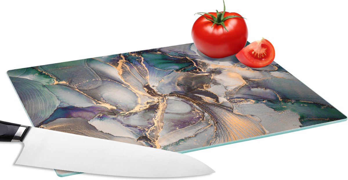 Glazen Snijplank - 28x20 - Goud - Blauw - Marmer - Snijplanken Glas