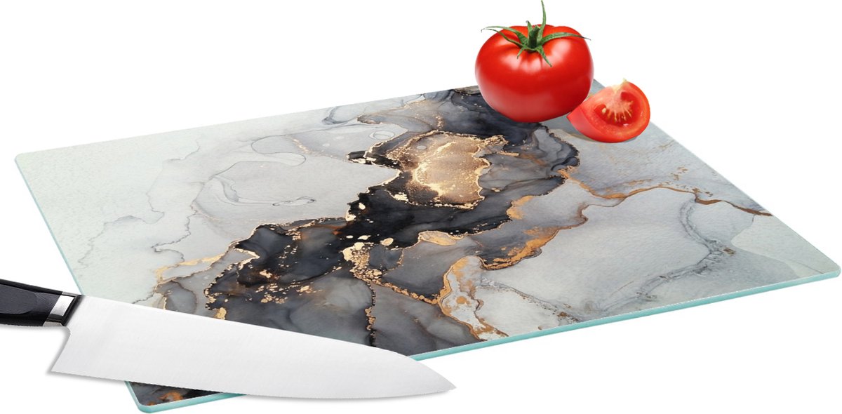 Glazen Snijplank - 39x28 - Zwart - Marmer - Luxe - Goud - Snijplanken Glas