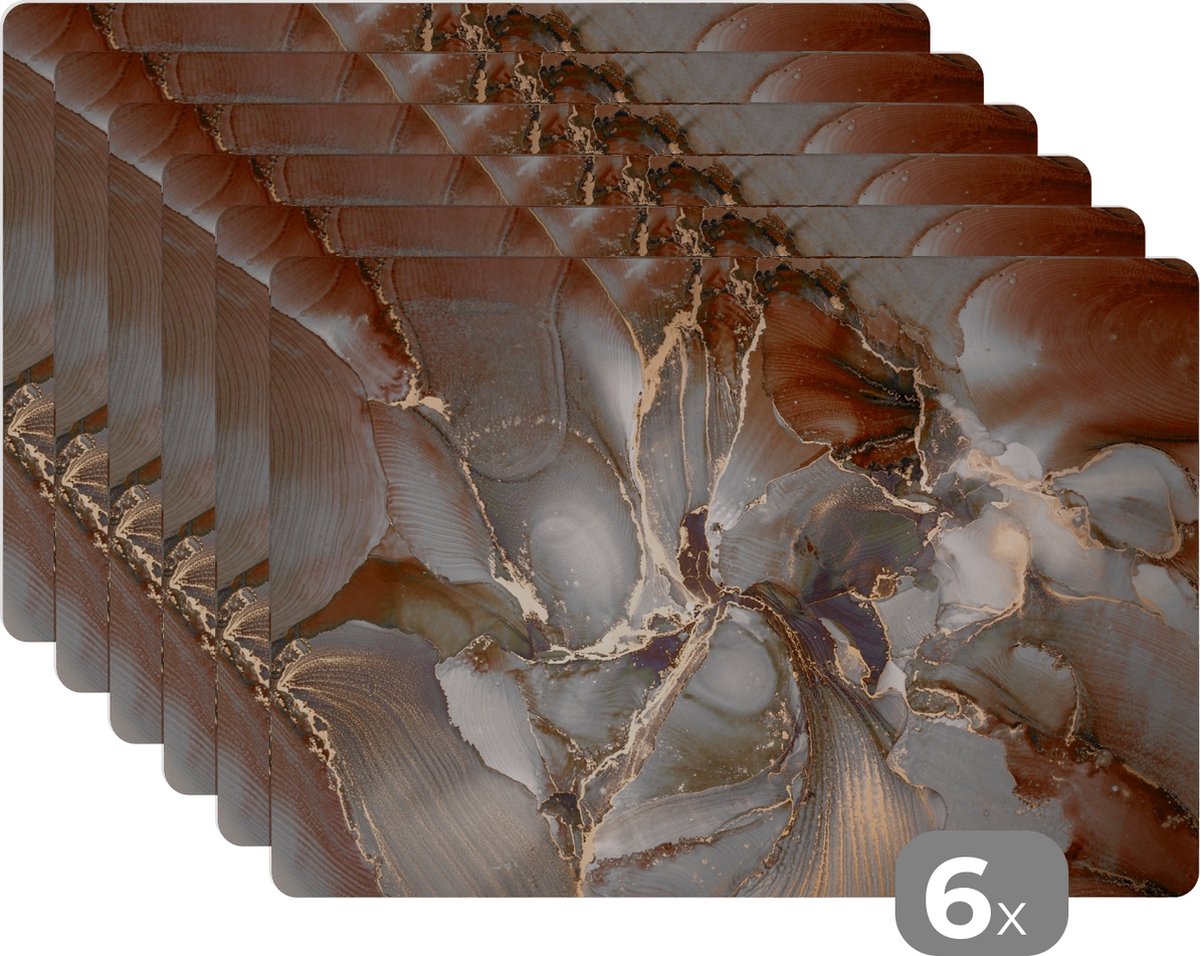 Placemats - Marmer - Grijs - Goud - Luxe - Onderleggers placemat - 45x30 cm - 6 stuks