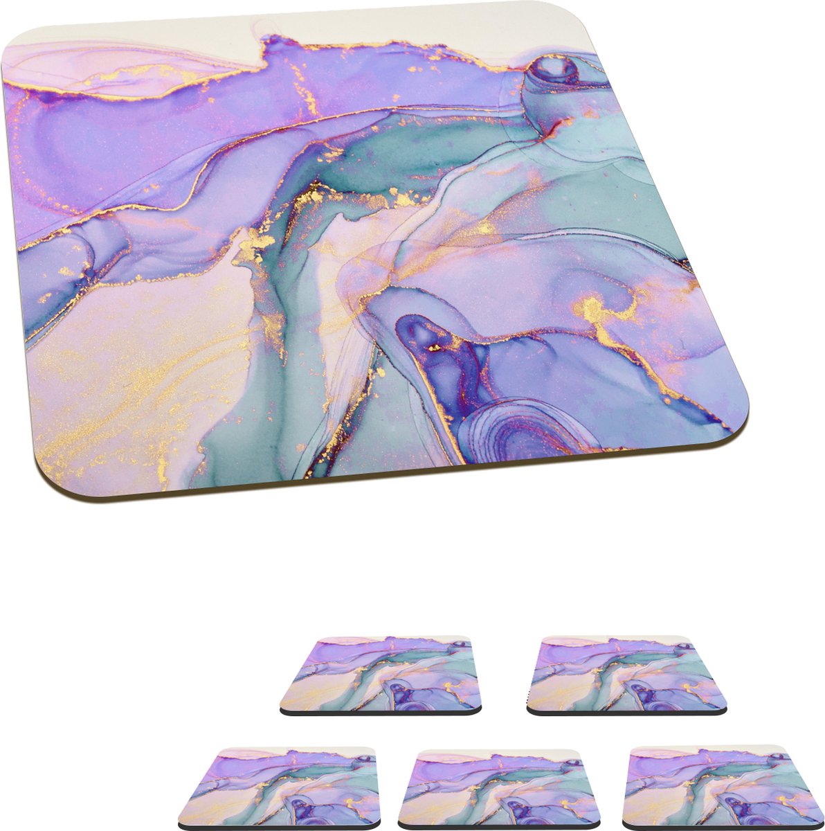Onderzetters voor glazen - Goud - Marmer - Paars - 10x10 cm - Glasonderzetters - 6 stuks