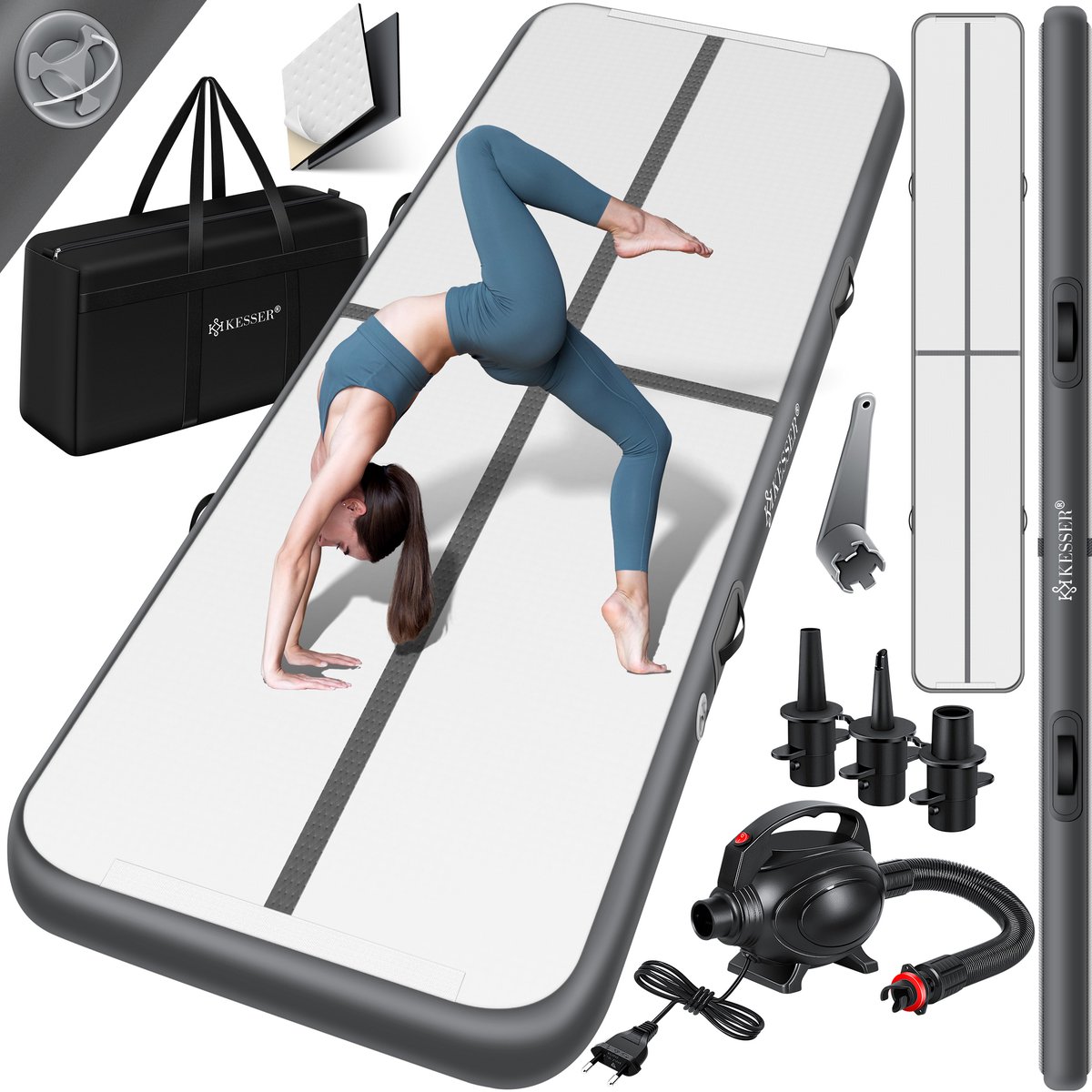 KESSER® Gymnastiekmat Opblaasbare Airtrack Fitnessmat|Yogamat,Tumblingmatten,Trainingsmat,Sportmat |Sporten & Spelen|Buiten & Binnen|incl. Draagtas & Electr. Luchtpomp - Antraciet / 6M