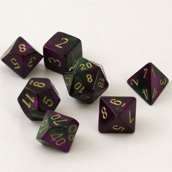 Chessex Dice: CHX26434 Set d'écrous Gemini : Green-Purple/Gold (7 Chessex Dice: CHX26434 Set d'écrous Gemini : Green-Purple/Gold (7