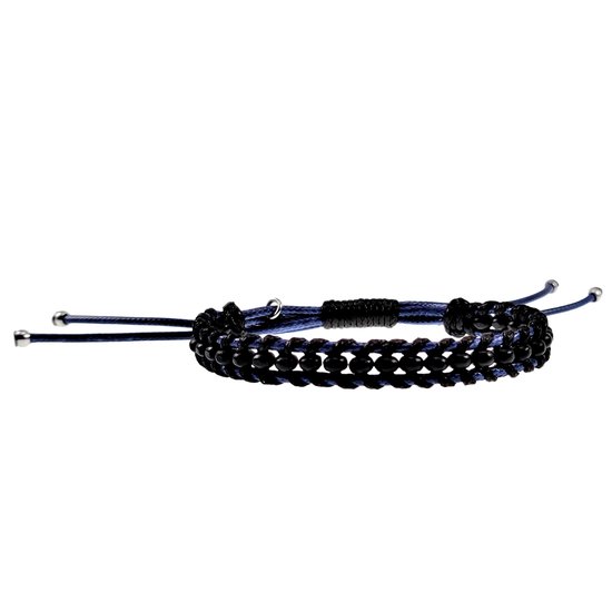 Bracelet Macramé Unisexe - Fil de Cuir Ciré Blauw- Zwart - Acier Inoxydable - Bracelet Handgemaakt