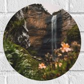 Muursticker Cirkel - Bergen - Waterval - Bloemen - Planten - 30x30 cm Foto op Muursticker